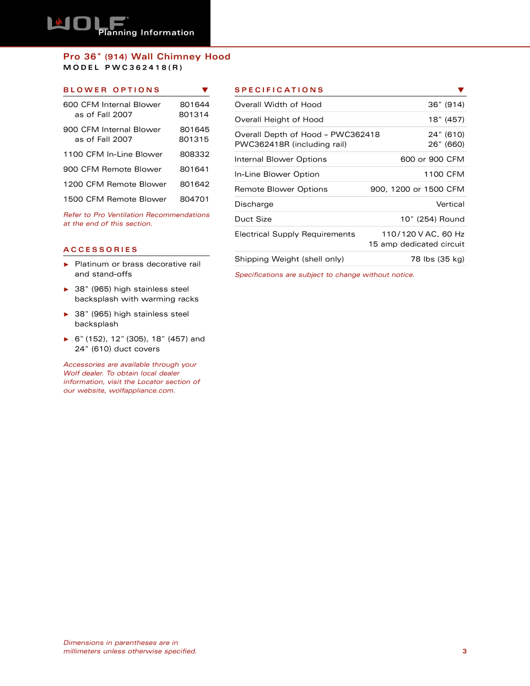 Wolf Appliance Company PWC362418 dimensions O W E R O P T I O N S Specification S, C E S S O R I E S 