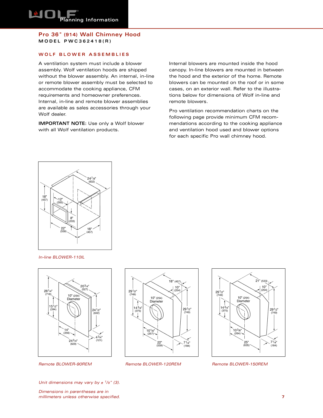 Wolf Appliance Company PWC362418 dimensions L F B L O W E R a S S E M B L I E S 