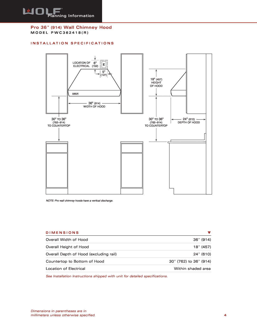 Wolf Appliance Company PWC362418 Pro 36 914 Wall Chimney Hood, Planning Information, M O D E L P W C 3 6 2 4 1 8 R, 30 TO 