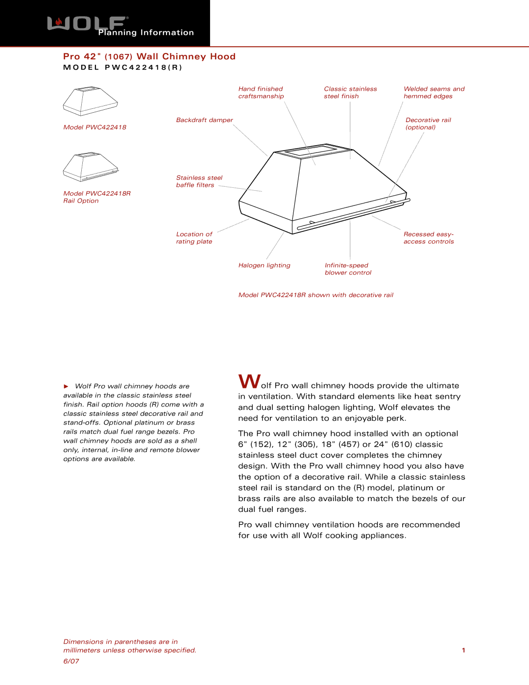 Wolf Appliance Company PWC422418(R) dimensions Pro 42 1067 Wall Chimney Hood 