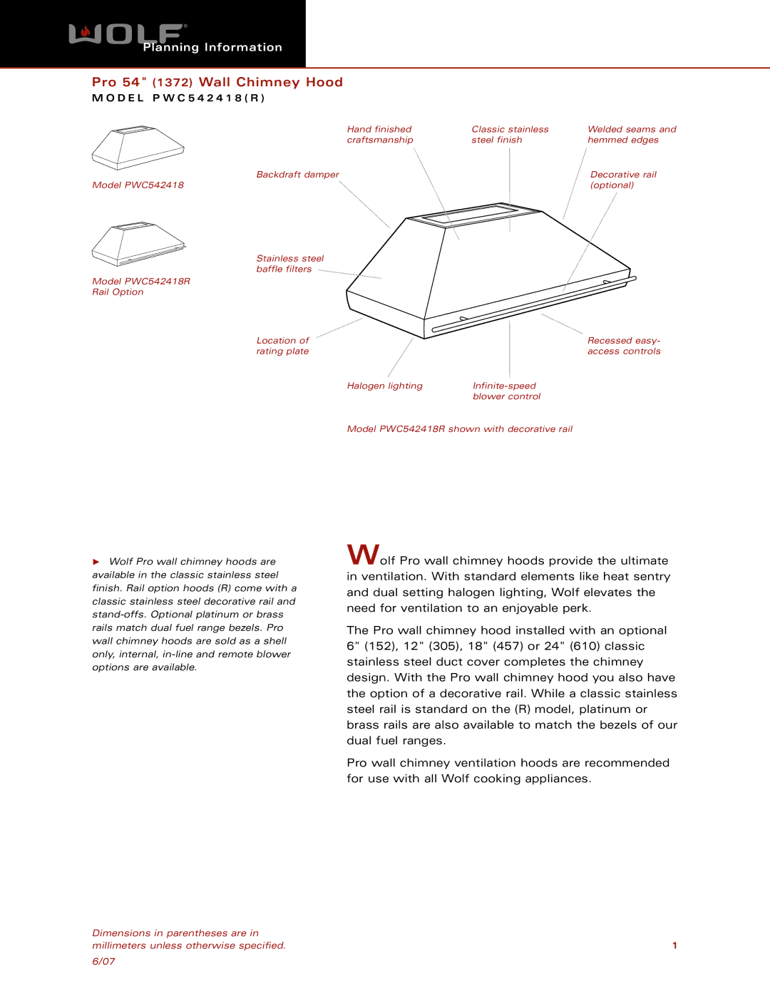 Wolf Appliance Company PWC542418R dimensions Pro 54 1372 Wall Chimney Hood 