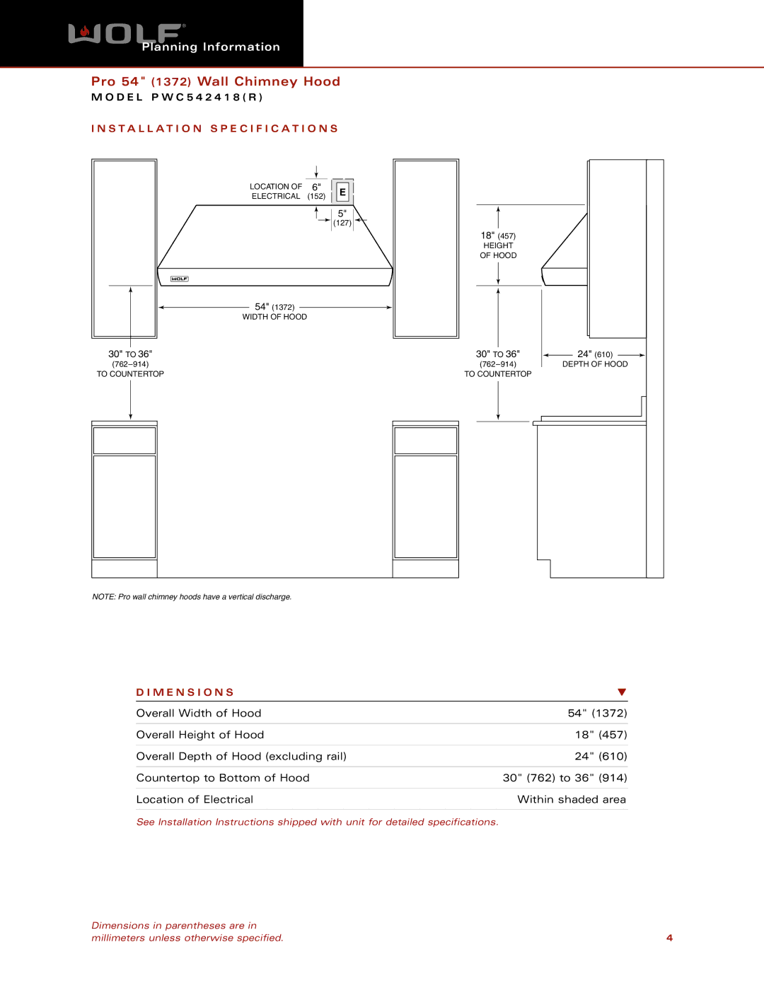 Wolf Appliance Company PWC542418R dimensions Installation Specification S, M E N S I O N S 