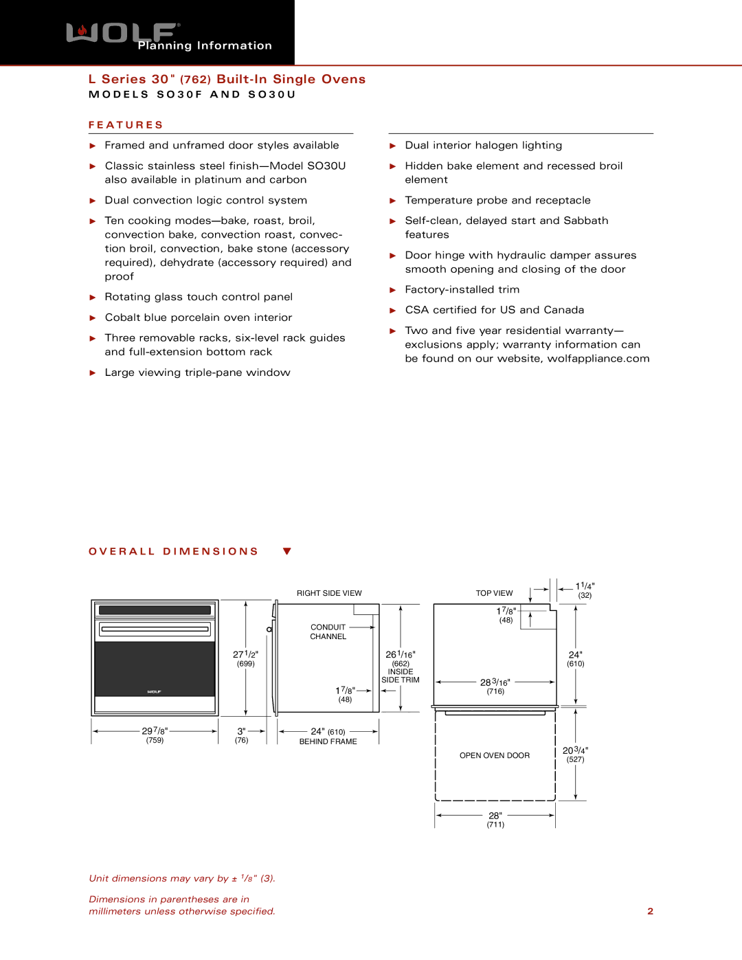 Wolf Appliance Company QRSO30 dimensions A T U R E S, E R a L L D I M E N S I O N S 