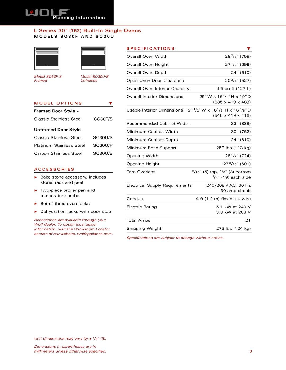 Wolf Appliance Company QRSO30 dimensions Specification S, D E L O P T I O N S, Framed Door Style, Unframed Door Style 