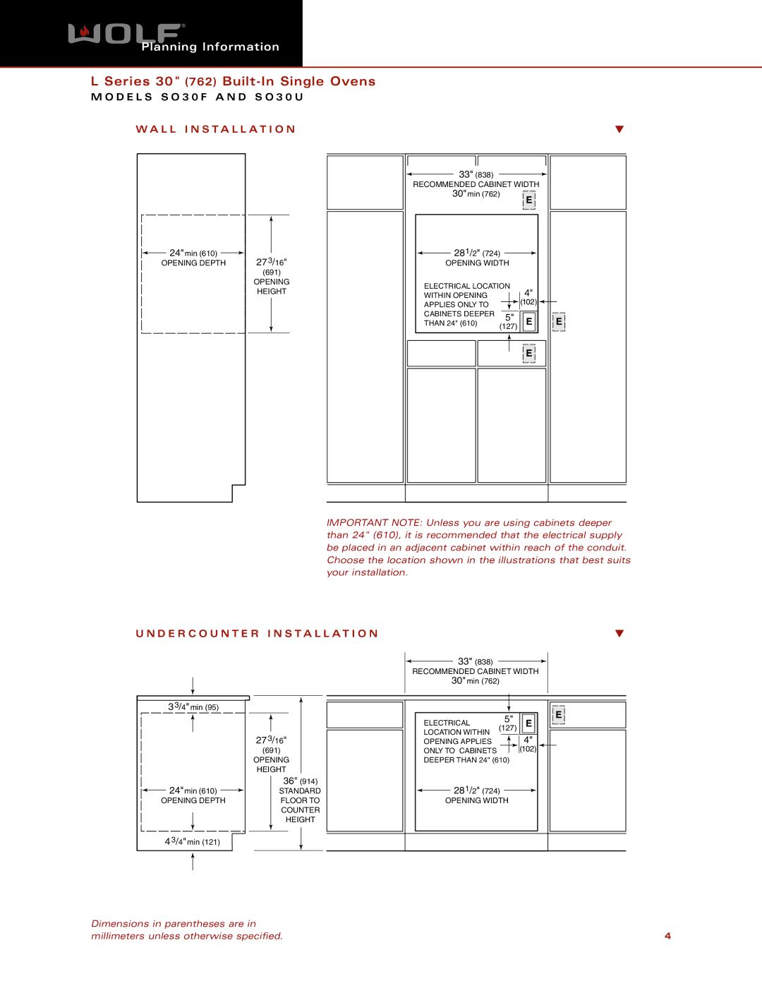 Wolf Appliance Company QRSO30 dimensions L L Installation, D E R C O U N T E R Installation, 27 3/16, 273/16 