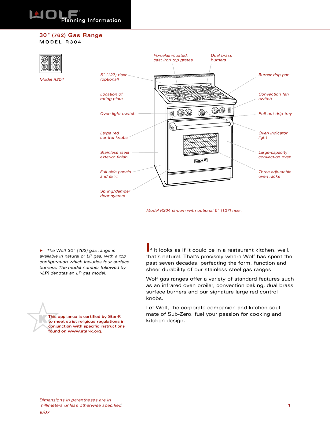 Wolf Appliance Company R304 dimensions 30 762 Gas Range 