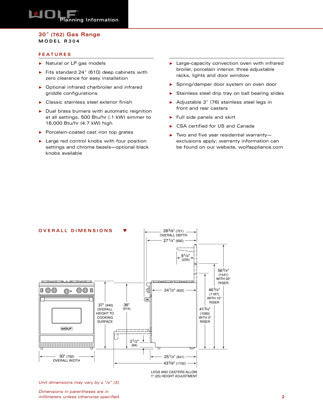 Wolf Appliance Company R304 dimensions A T U R E S, E R a L L D I M E N S I O N S, 56 3, 46 3, 41 3 