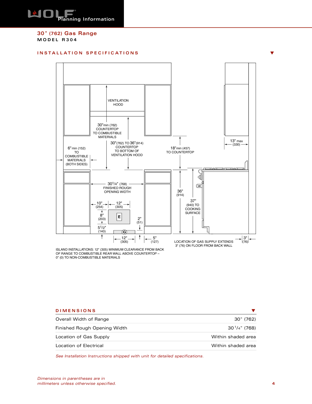 Wolf Appliance Company R304 dimensions Installation Specification S, M E N S I O N S, 13 max, 51/2 