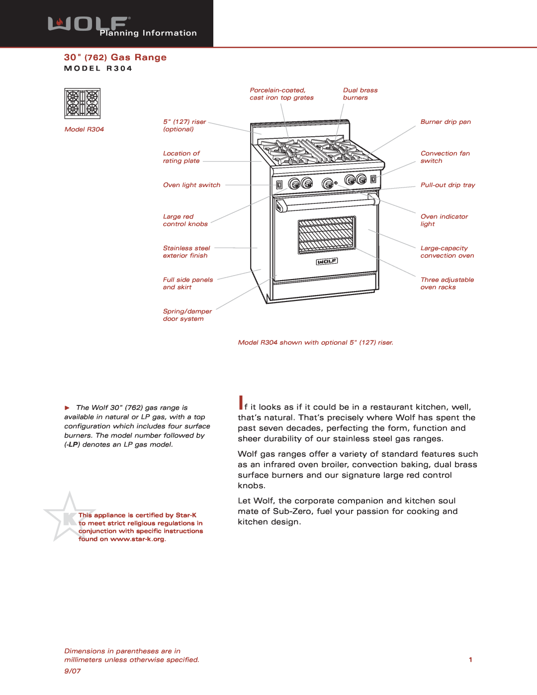 Wolf Appliance Company R304 dimensions 30 762 Gas Range, Planning Information 