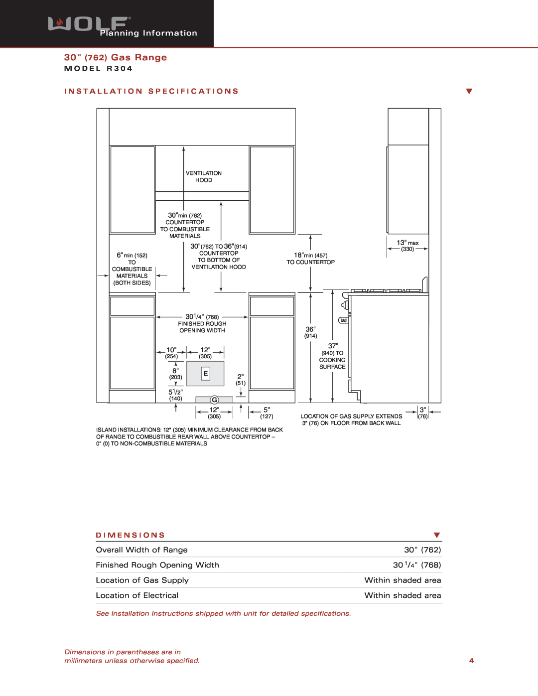Wolf Appliance Company R304 dimensions 30 762 Gas Range, Planning Information, M O D E L, D I M E N S I O N S 