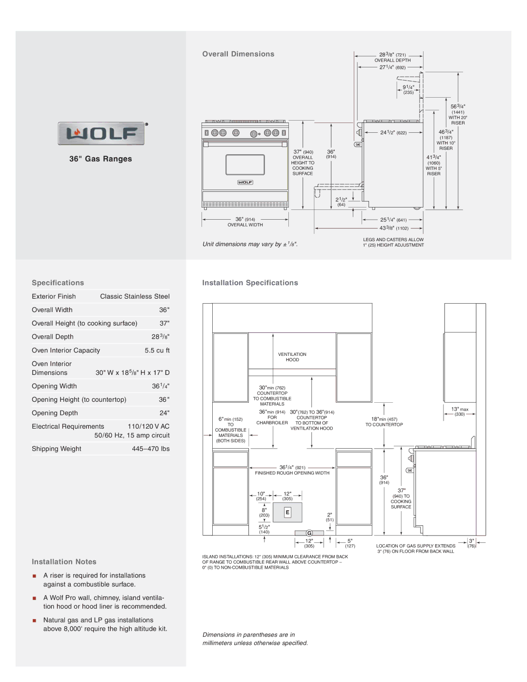 Wolf Appliance Company R364C, R366, R364G manual Overall Dimensions, Installation Notes, Installation Specifications 