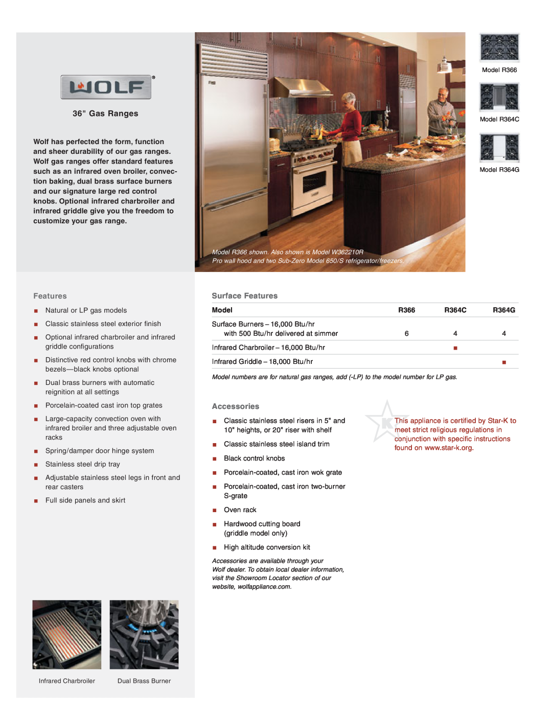 Wolf Appliance Company R364G manual Gas Ranges, Surface Features, Accessories, Model, R366, R364C 
