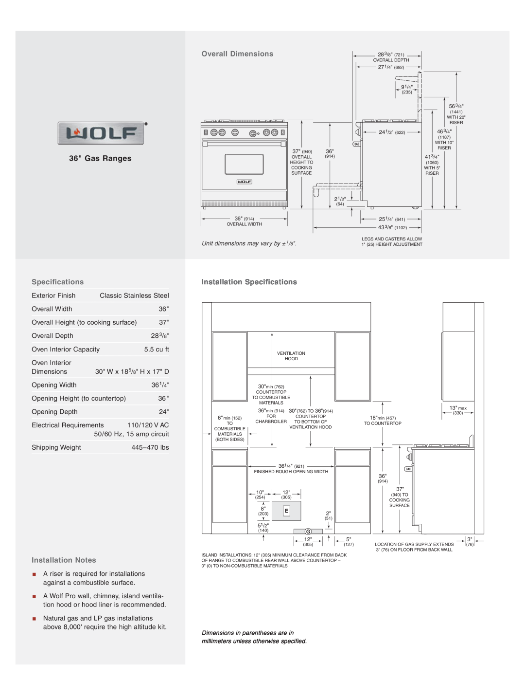Wolf Appliance Company R364C, R366 Overall Dimensions, Installation Notes, Installation Specifications, Gas Ranges 