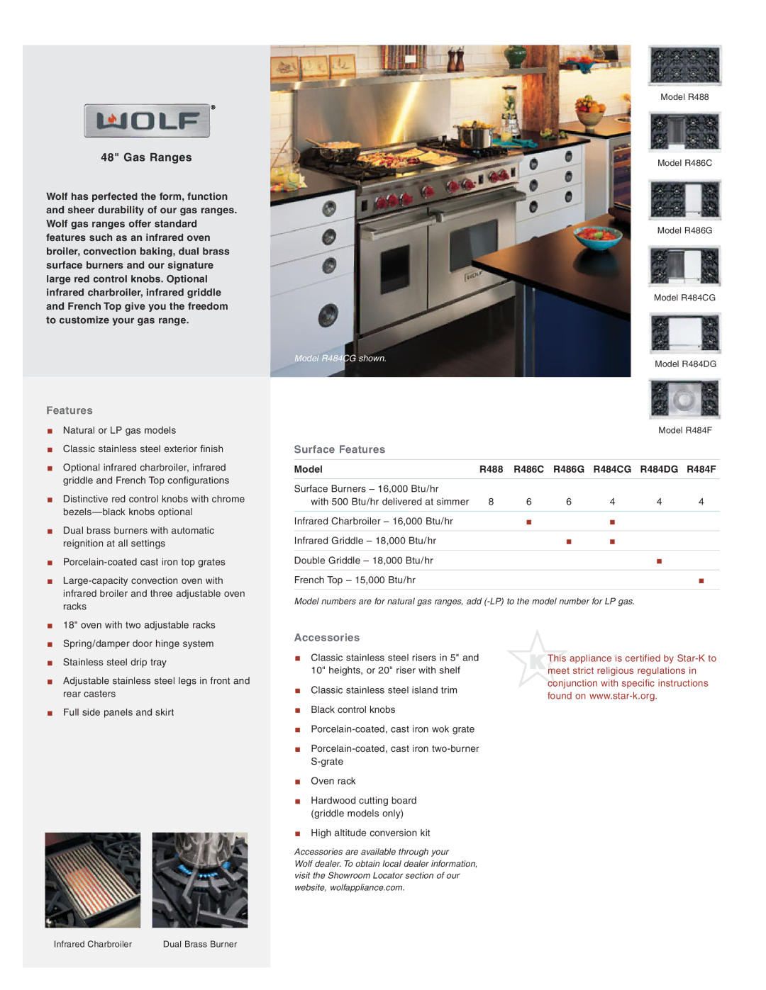 Wolf Appliance Company R484DG, R486C, R484F, R488, R484CG, R486G manual Surface Features, Accessories 