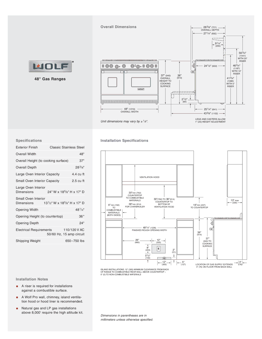 Wolf Appliance Company R484F, R486C, R484DG, R488 Overall Dimensions, Installation Notes, Installation Specifications 