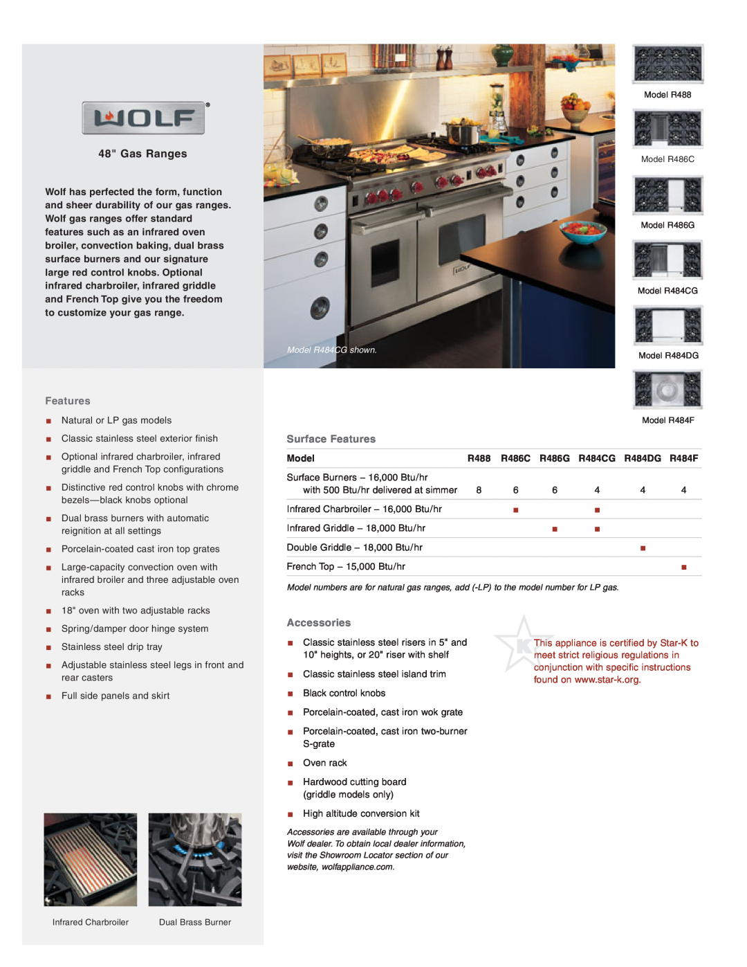 Wolf Appliance Company R484DG manual Gas Ranges, Surface Features, Accessories, Model, R488, R486C, R486G, R484CG 