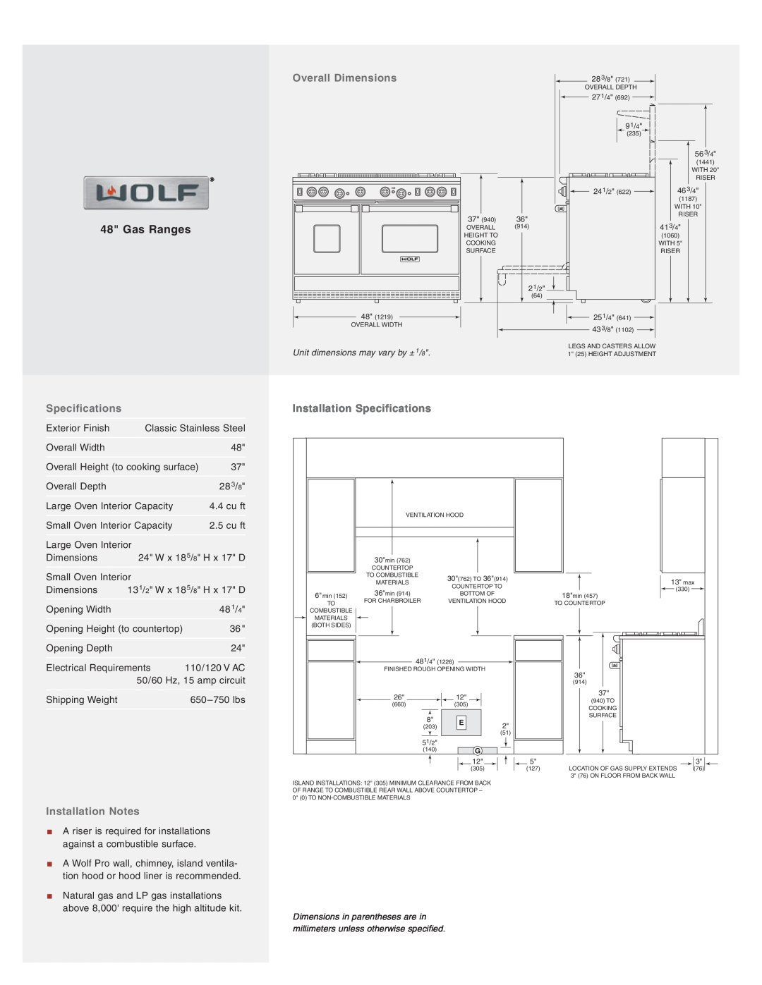 Wolf Appliance Company R484F, R486C Overall Dimensions, Installation Notes, Installation Specifications, Gas Ranges 