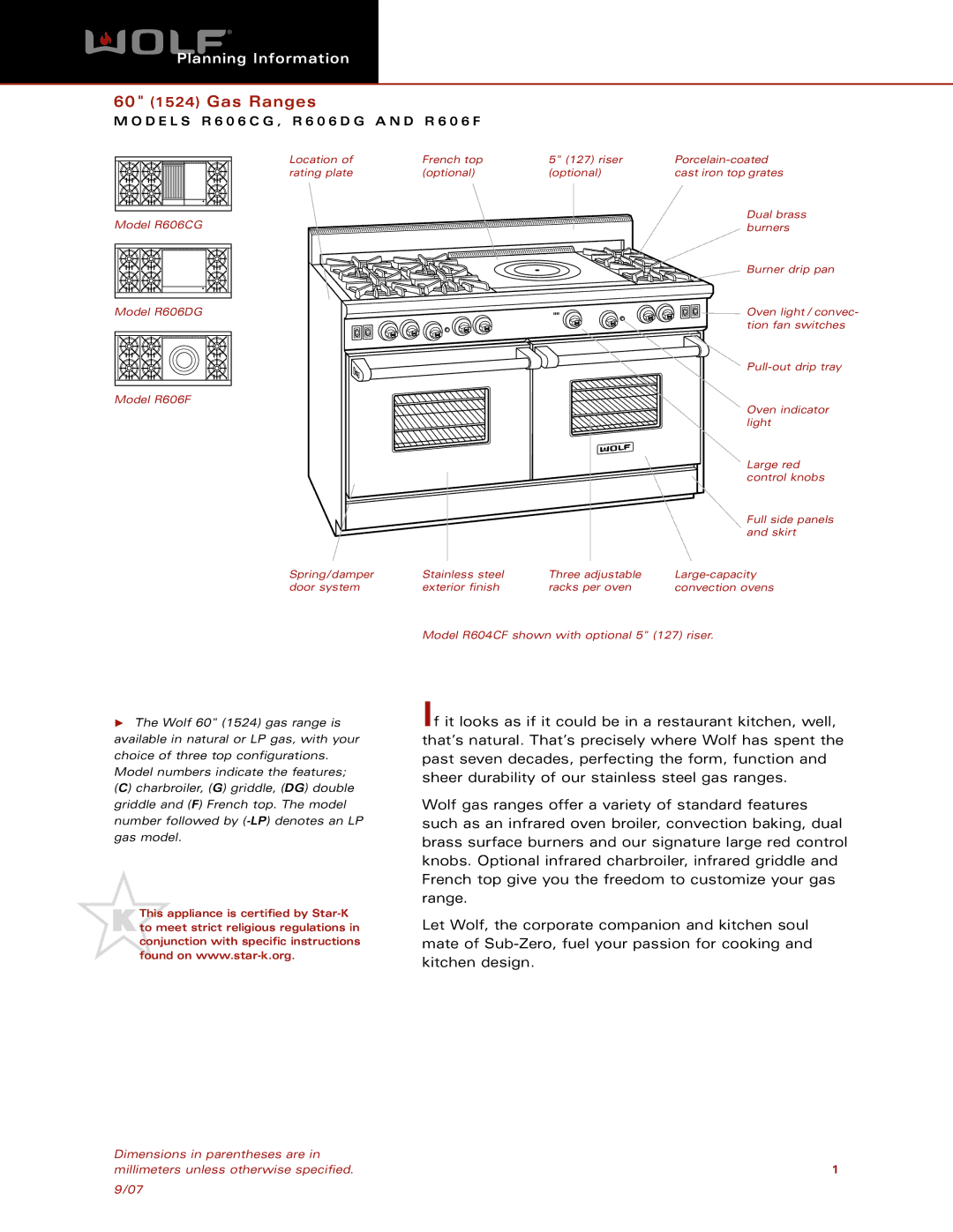 Wolf Appliance Company R606F, R606CG, R606DG dimensions 60 1524 Gas Ranges 