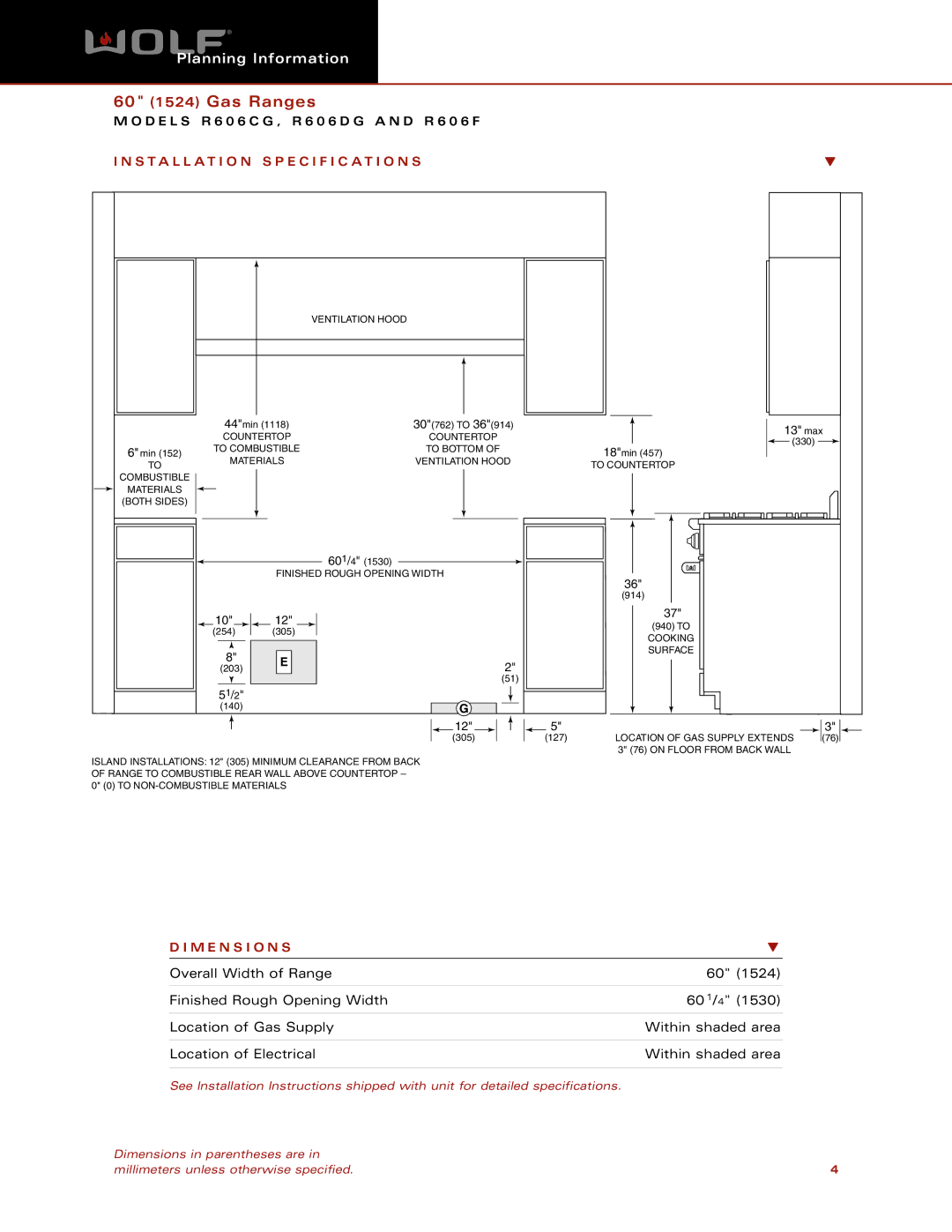 Wolf Appliance Company R606F, R606CG, R606DG dimensions Installation Specification S, M E N S I O N S, Max 