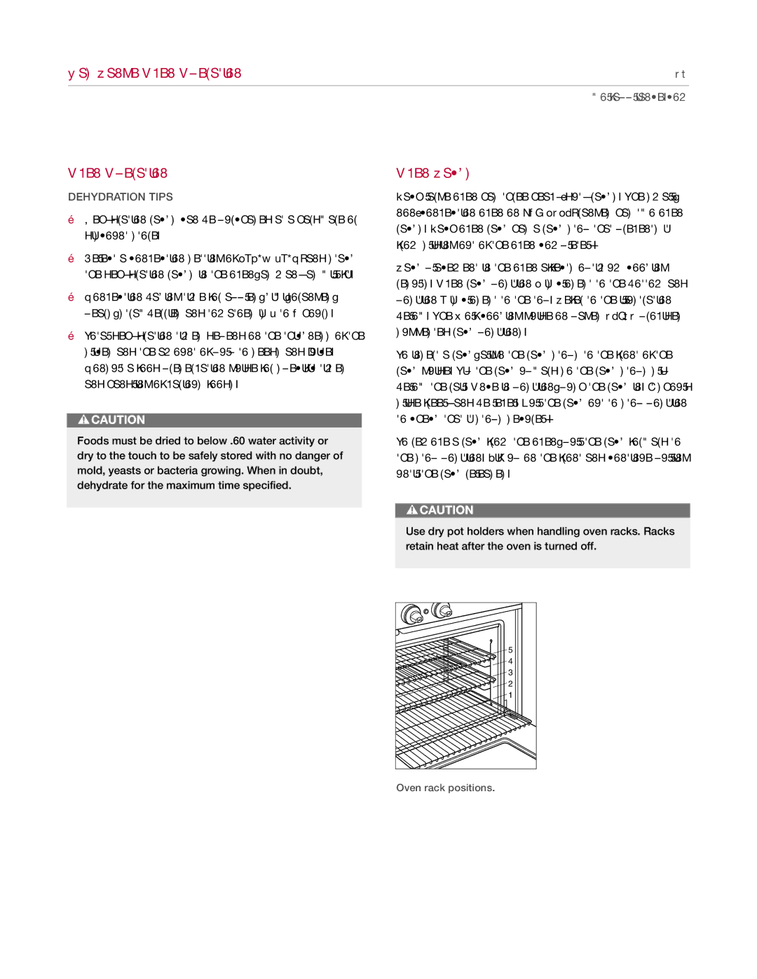 Wolf Appliance Company Range manual Oven Operation, Oven Racks, Dehydration Tips 