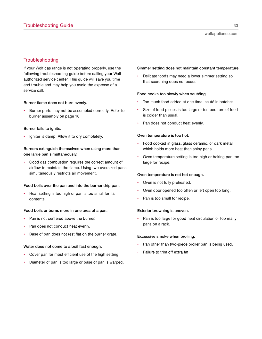 Wolf Appliance Company Range manual Troubleshooting Guide 