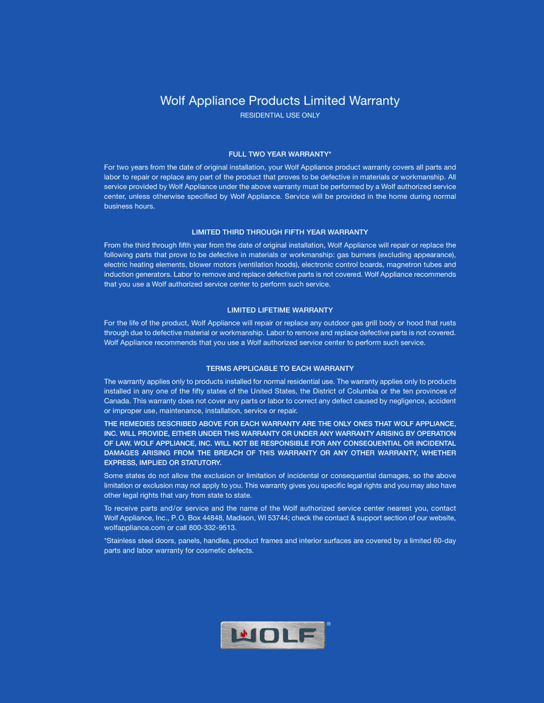 Wolf Appliance Company Range manual Wolf Appliance Products Limited Warranty 