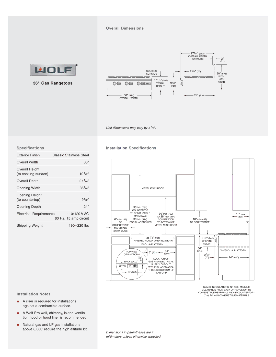 Wolf Appliance Company RT362F, RT364C Overall Dimensions, Specifications Installation Specifications, Installation Notes 