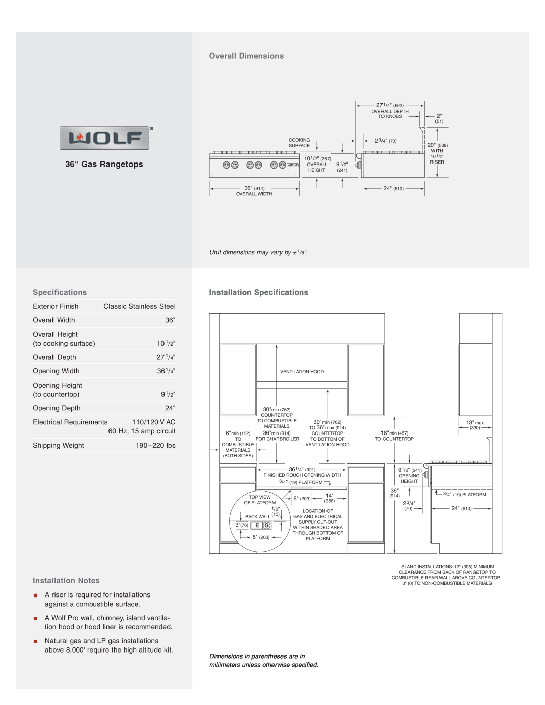 Wolf Appliance Company RT362F manual Overall Dimensions, Installation Specifications, Installation Notes, Gas Rangetops 