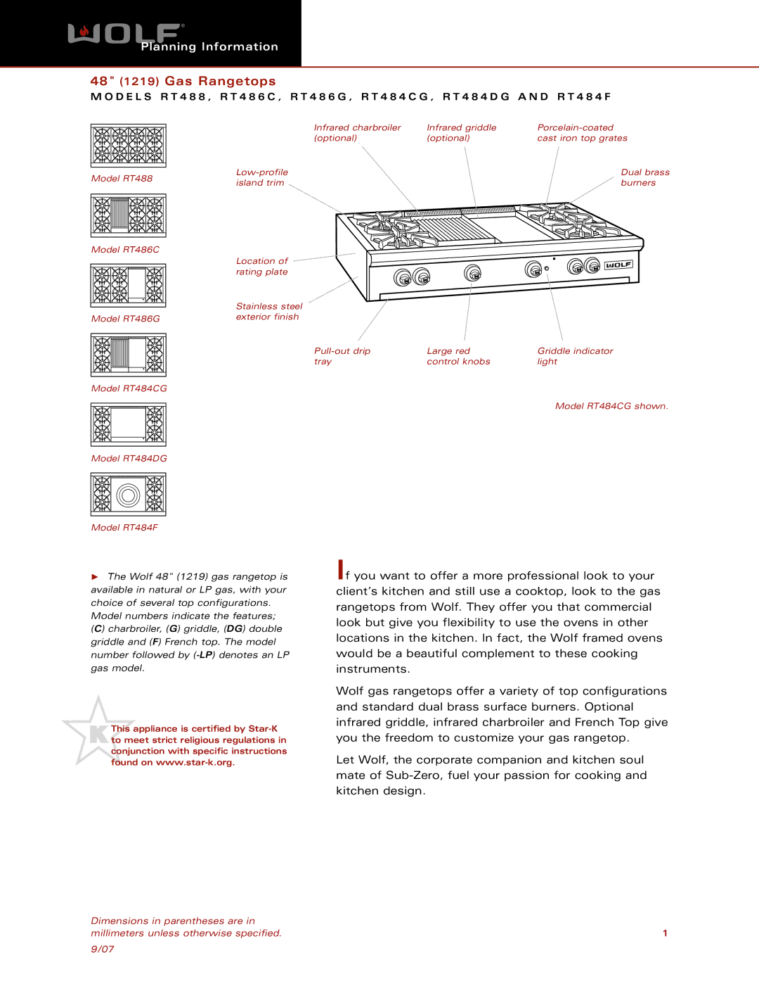 Wolf Appliance Company RT486C, RT486G, RT484F, RT484CG, RT488, RT484DG dimensions 48 1219 Gas Rangetops 