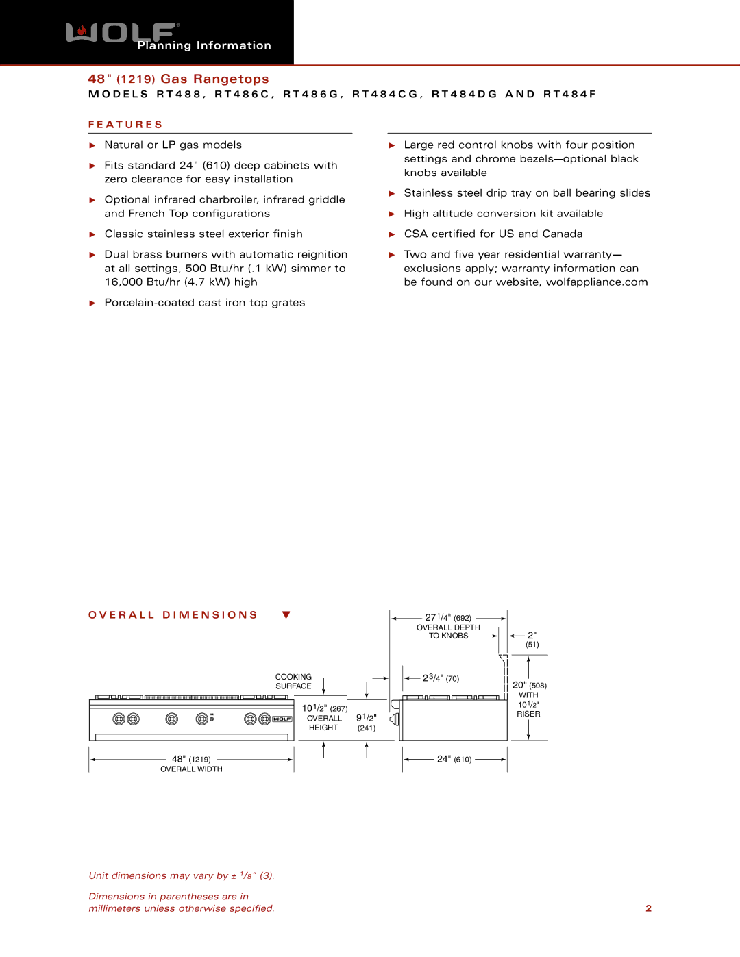 Wolf Appliance Company RT484F, RT486G, RT486C, RT484CG, RT488, RT484DG dimensions A T U R E S, E R a L L D I M E N S I O N S 