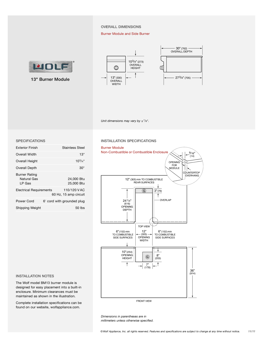 Wolf Appliance Company SB13, BM13 manual Overall Dimensions, Installation Notes, Installation Specifications, 241/4 