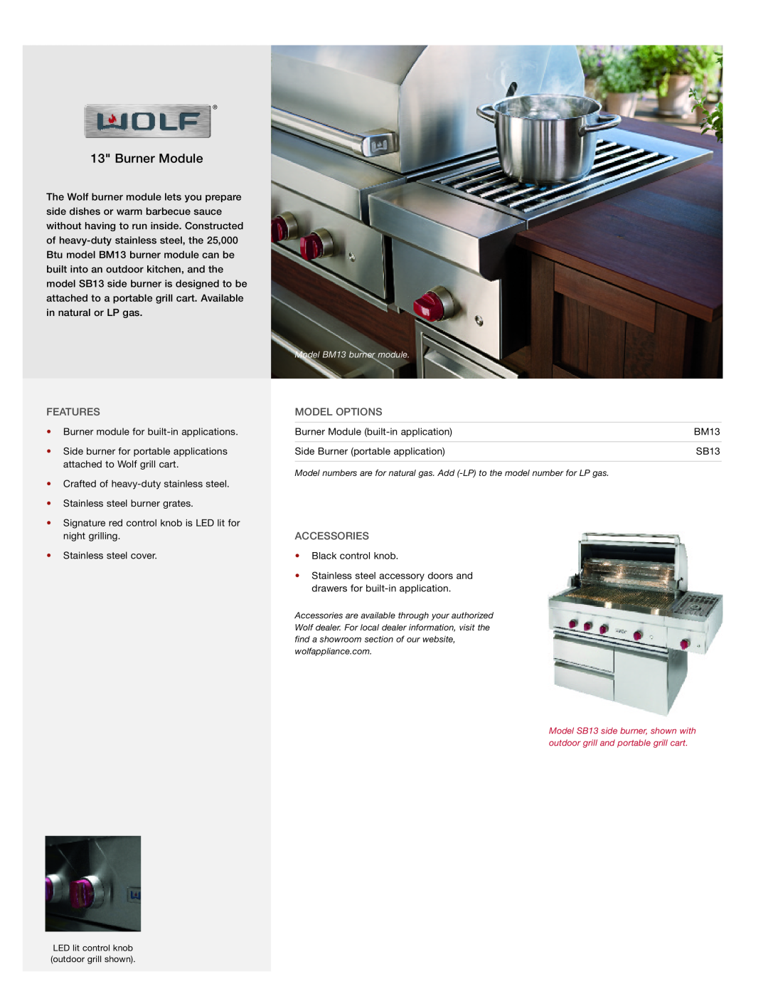 Wolf Appliance Company BM13, SB13 manual Burner Module, Features, Model Options, Accessories 