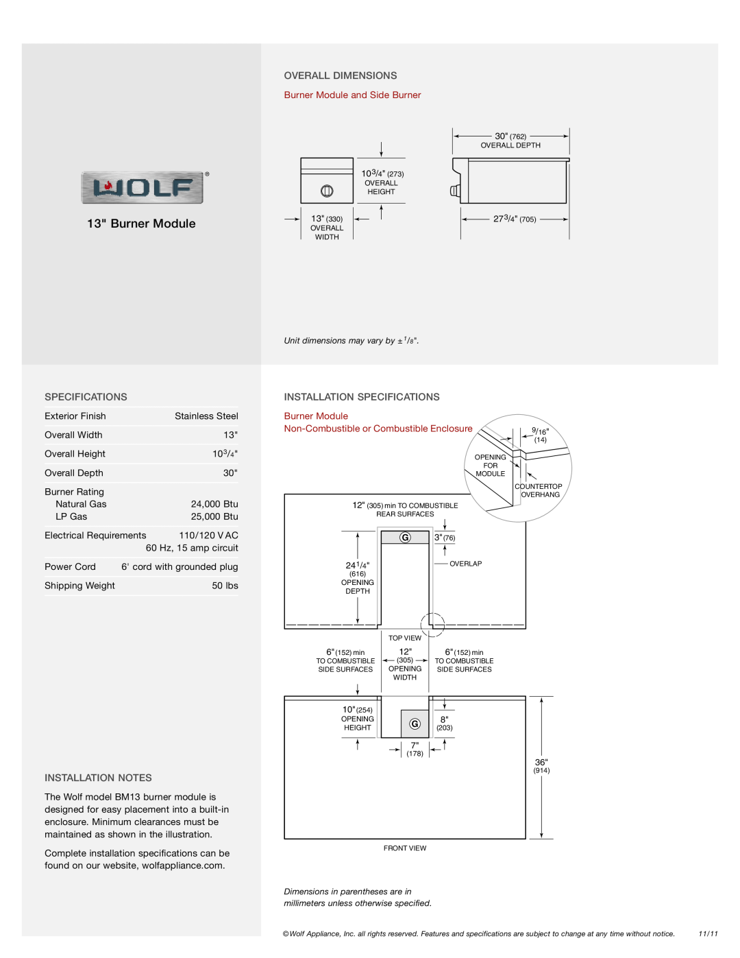 Wolf Appliance Company SB13, BM13 Overall Dimensions, Installation Notes, Installation Specifications, Burner Module 