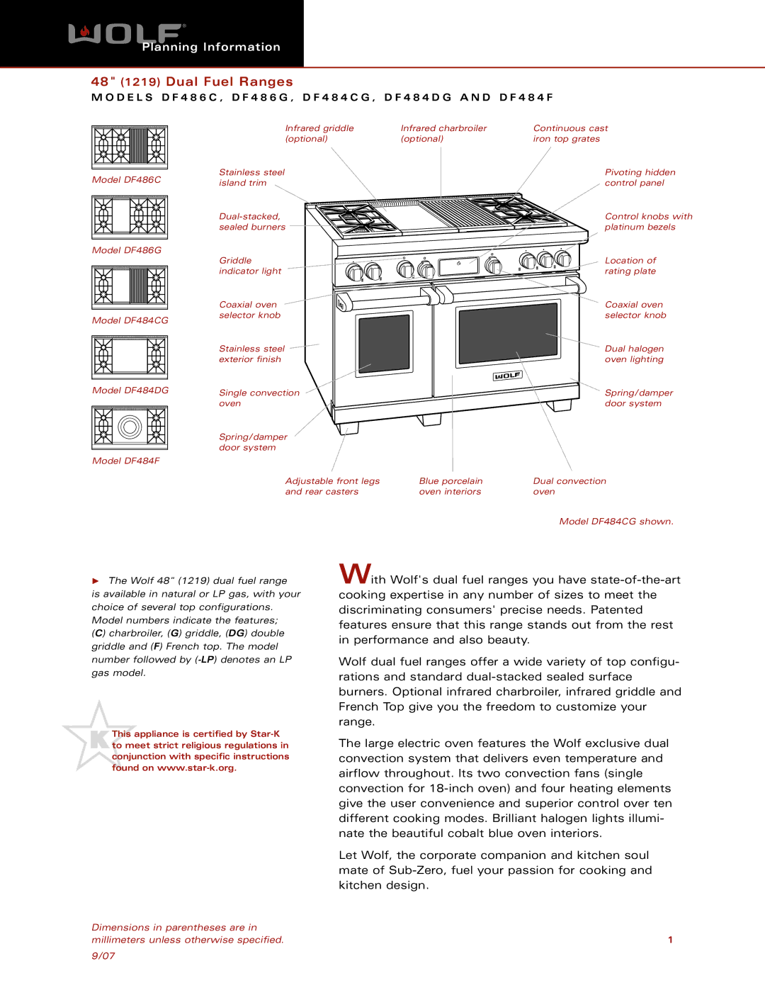 Wolf Appliance Company DF486G, SDF486C, DF484F, DF484DG dimensions 48 1219 Dual Fuel Ranges 