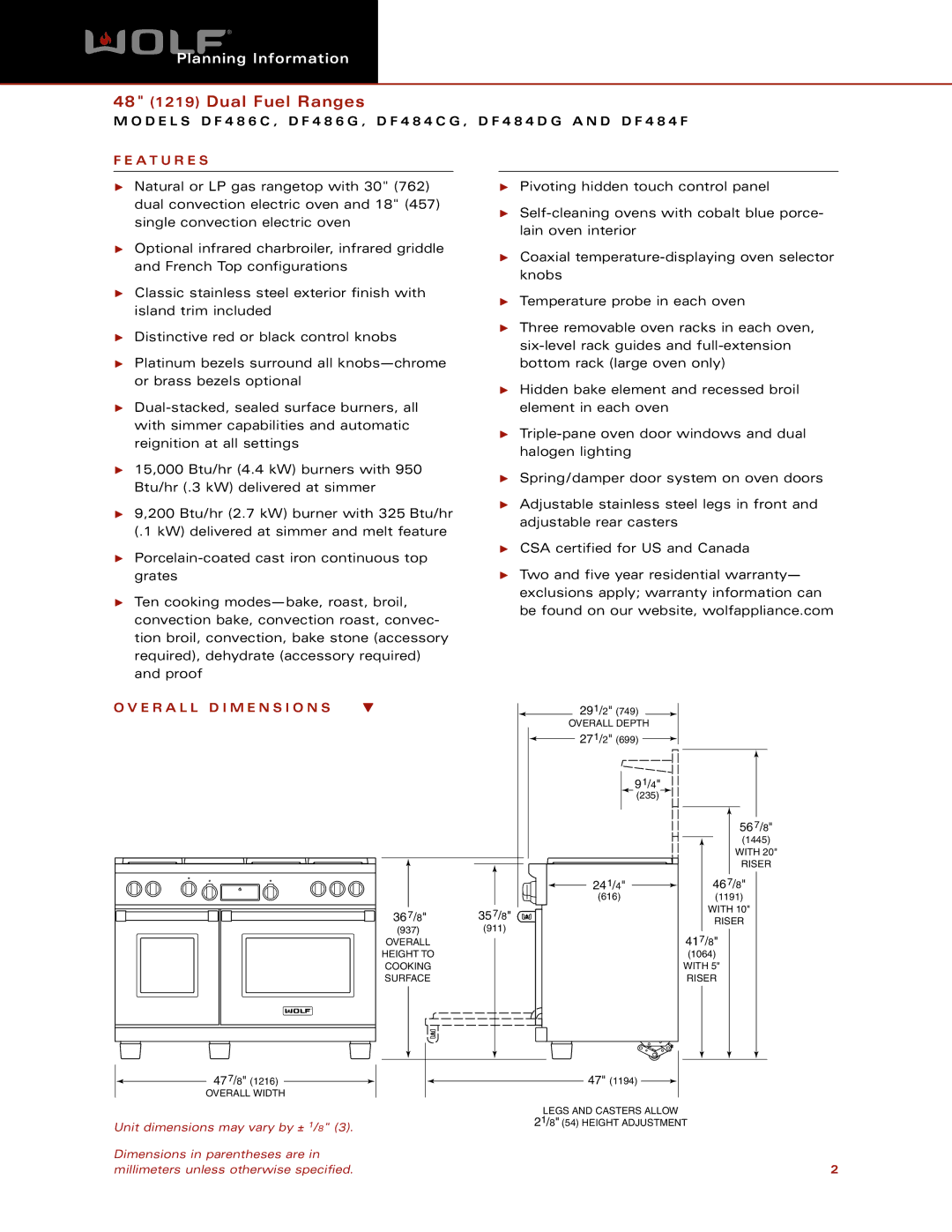 Wolf Appliance Company DF484F, SDF486C, DF486G, DF484DG dimensions A T U R E S, E R a L L D I M E N S I O N S 