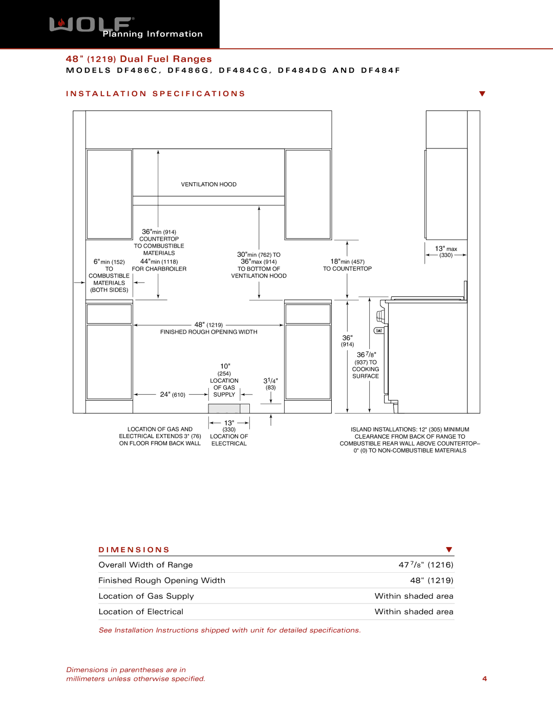 Wolf Appliance Company SDF486C, DF486G, DF484F, DF484DG Installation Specification S, M E N S I O N S, 367/8, 31/4, 13 max 