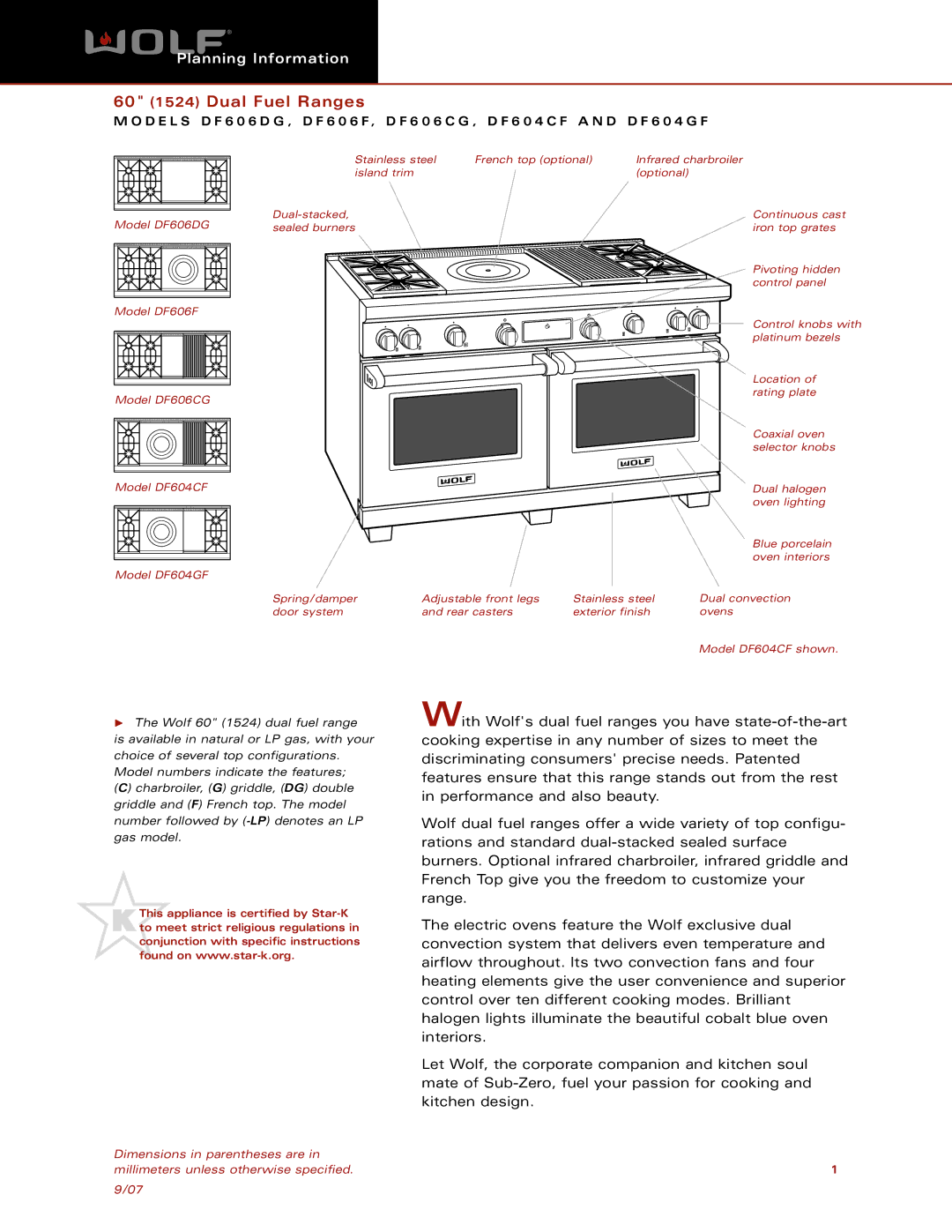 Wolf Appliance Company DF606CG, SDF606DG, DF606F, DF604GF, DF604CF dimensions 60 1524 Dual Fuel Ranges 