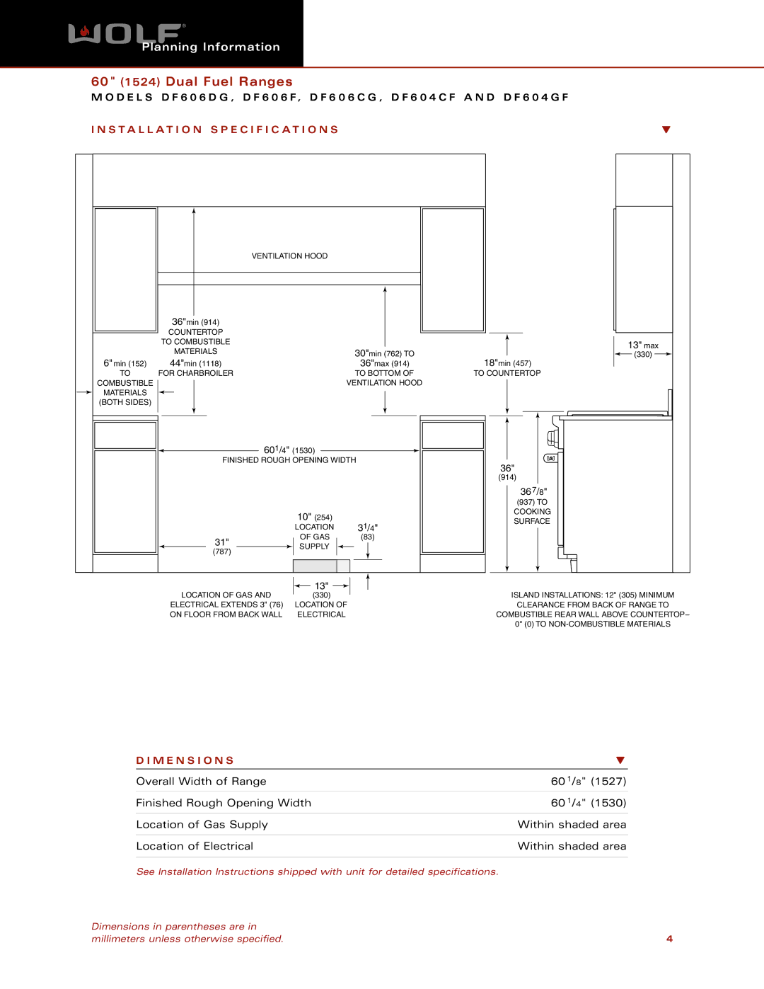 Wolf Appliance Company DF604CF, SDF606DG, DF606CG, DF606F Installation Specification S, M E N S I O N S, 13 max, 367/8, 31/4 