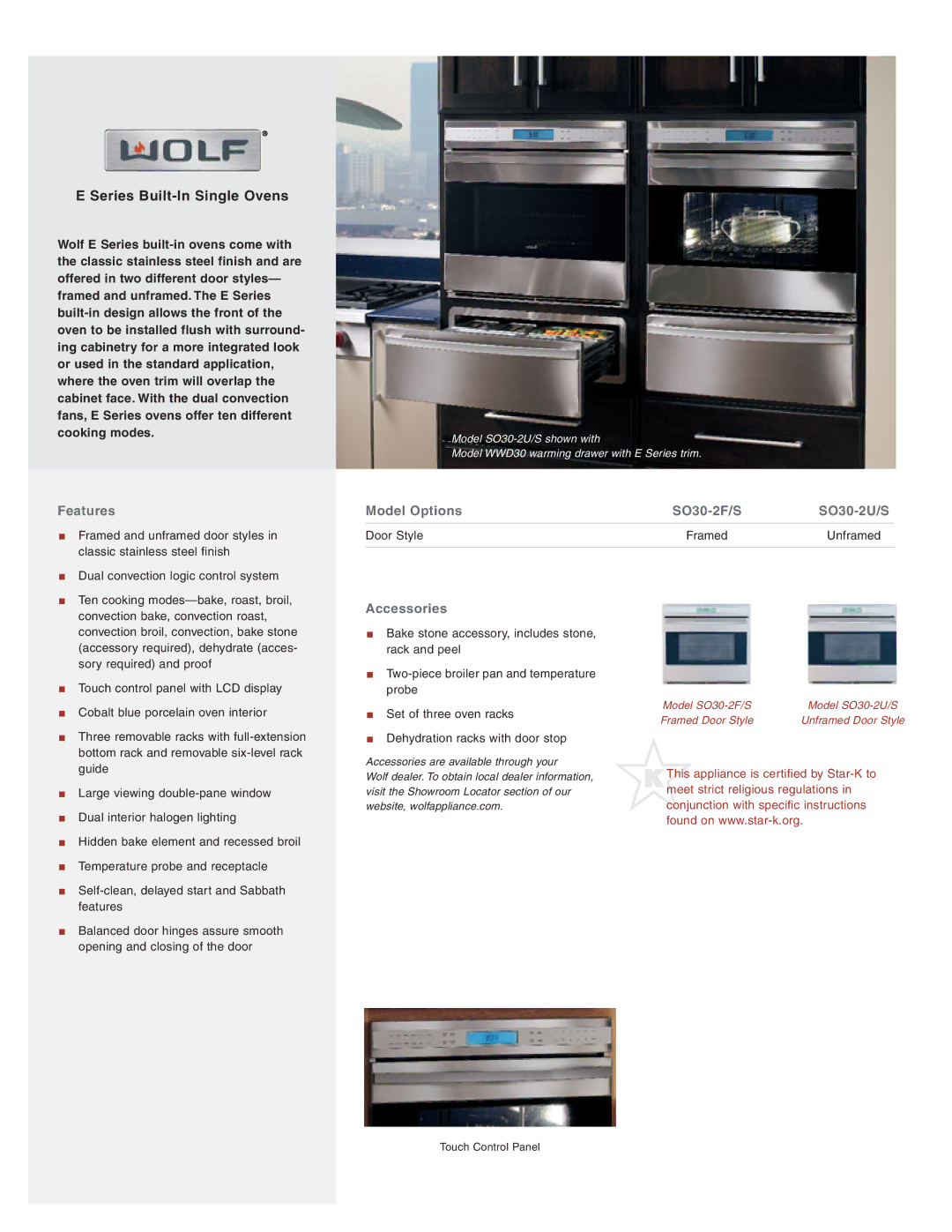 Wolf Appliance Company manual Series Built-In Single Ovens, Features, Model Options SO30-2F/S SO30-2U/S, Accessories 