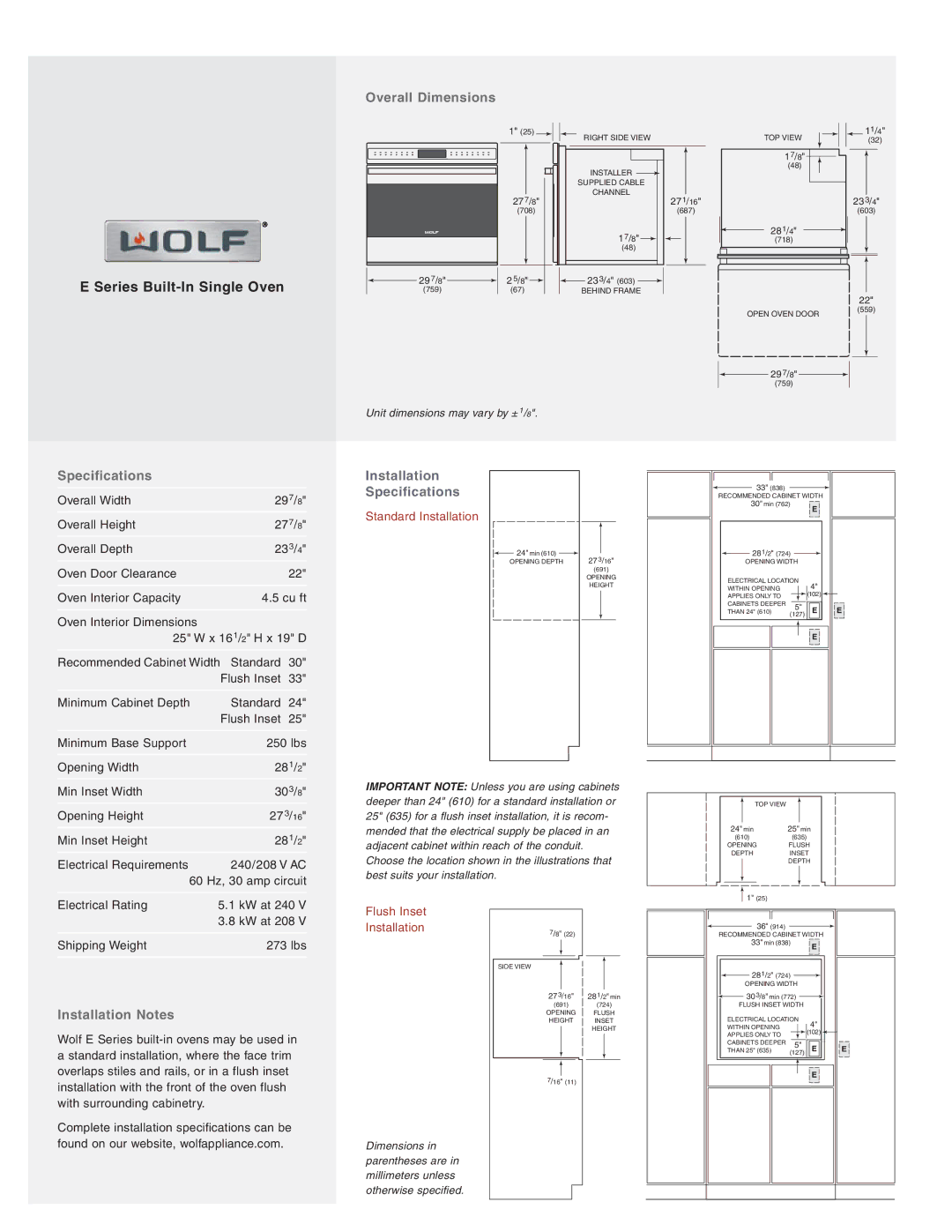 Wolf Appliance Company SO30-2U/S manual Series Built-In Single Oven, Overall Dimensions, Specifications, Installation Notes 