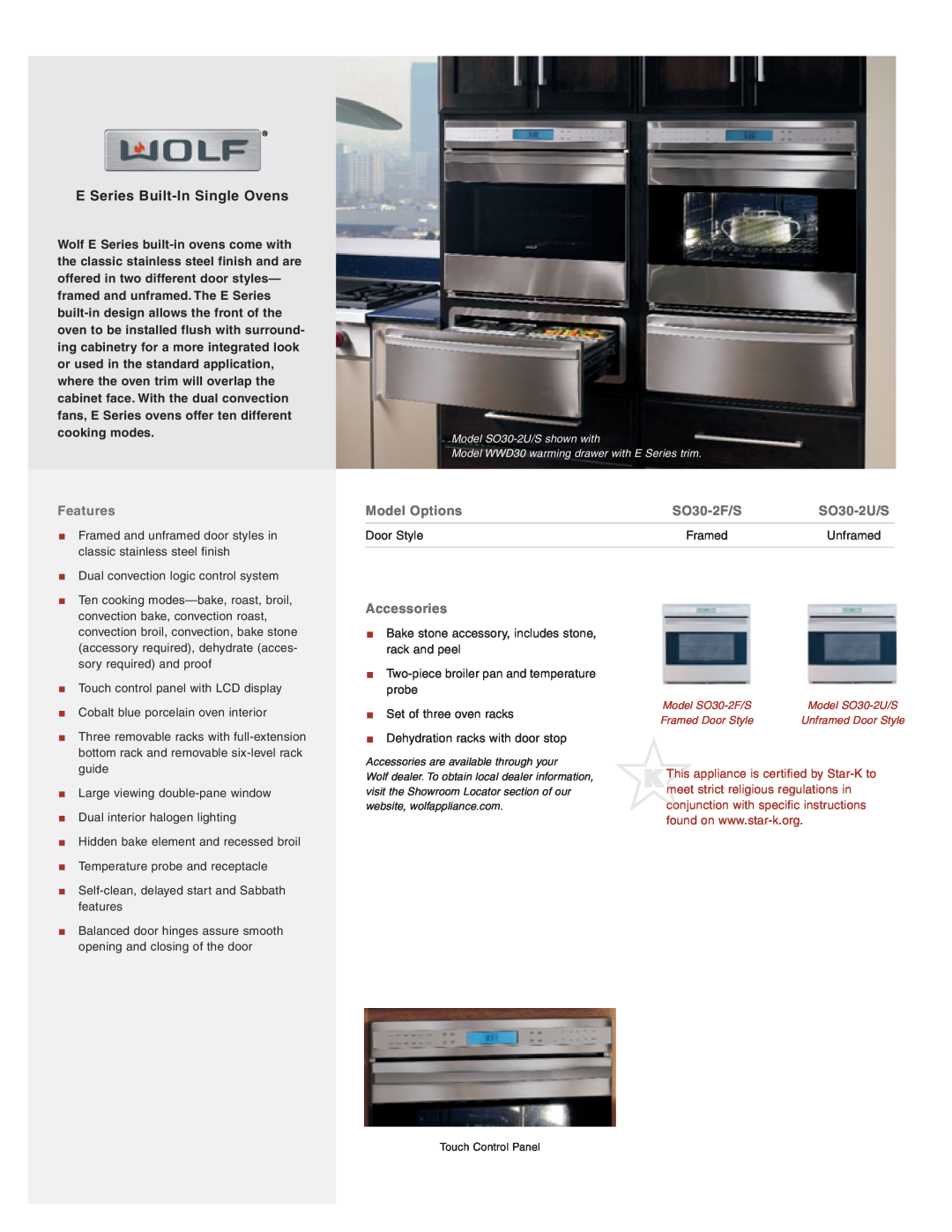 Wolf Appliance Company SO30-2F/S manual E Series Built-In Single Ovens, Features, Model Options, SO30-2U/S, Accessories 