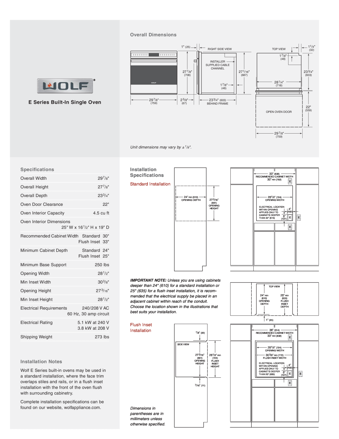 Wolf Appliance Company SO30-2U/S E Series Built-In Single Oven, Overall Dimensions, Specifications, Installation Notes 