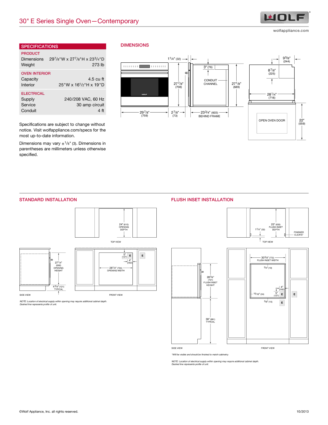 Wolf Appliance Company SO30CE, SO30B, SO30TH Specifications, Dimensions, Standard Installation Flush Inset Installation 