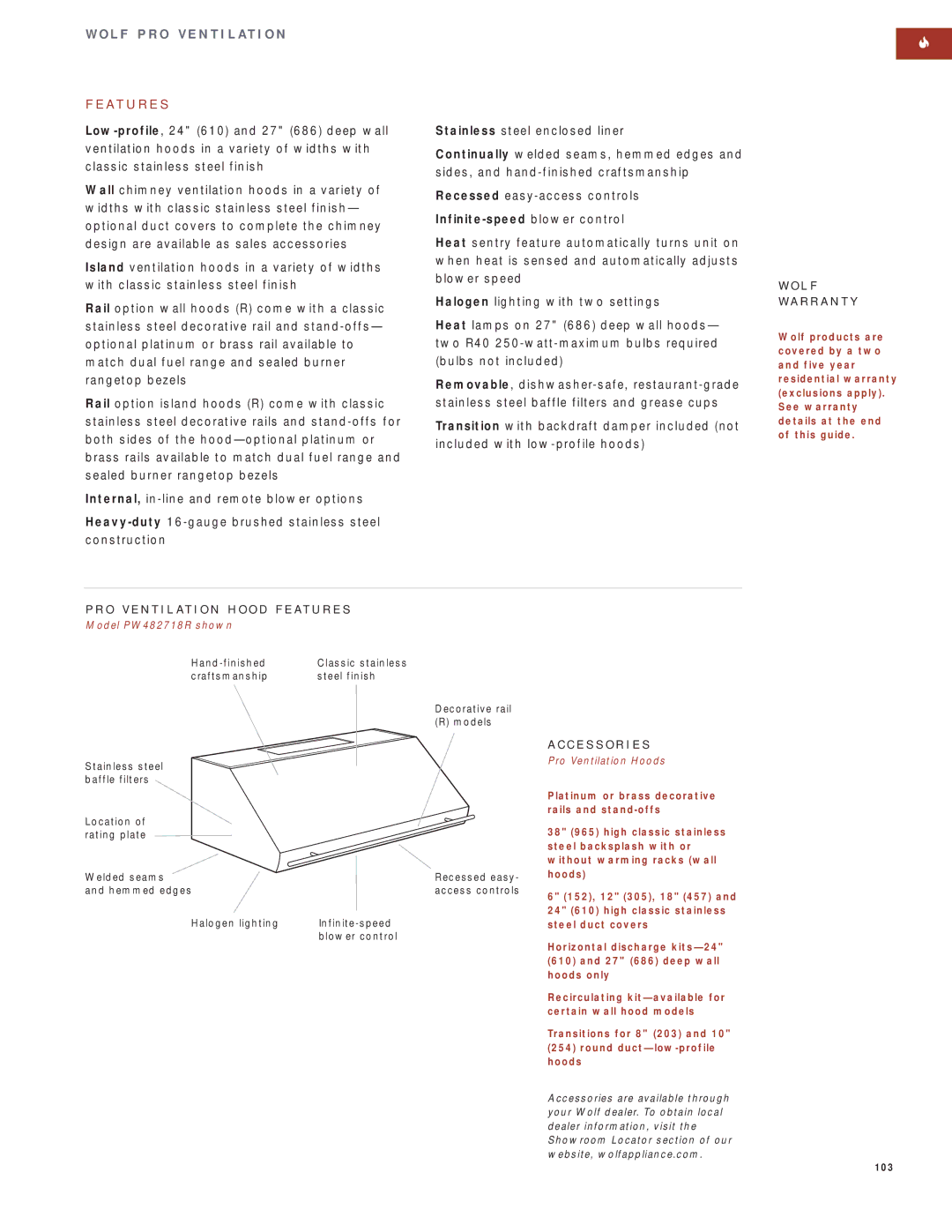 Wolf Appliance Company SO30F/S manual O V E N T I L a T I O N H O O D F E a T U R E S, Model PW482718R shown 