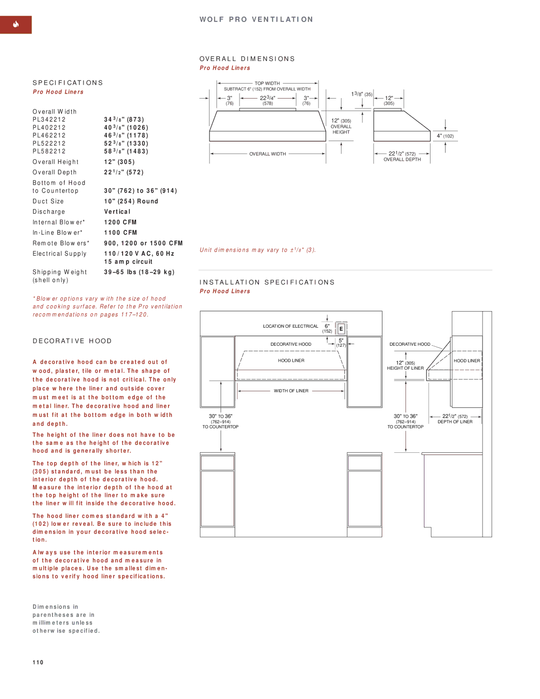 Wolf Appliance Company SO30F/S manual C O R a T I V E H O O D, 22 3, 221/2 