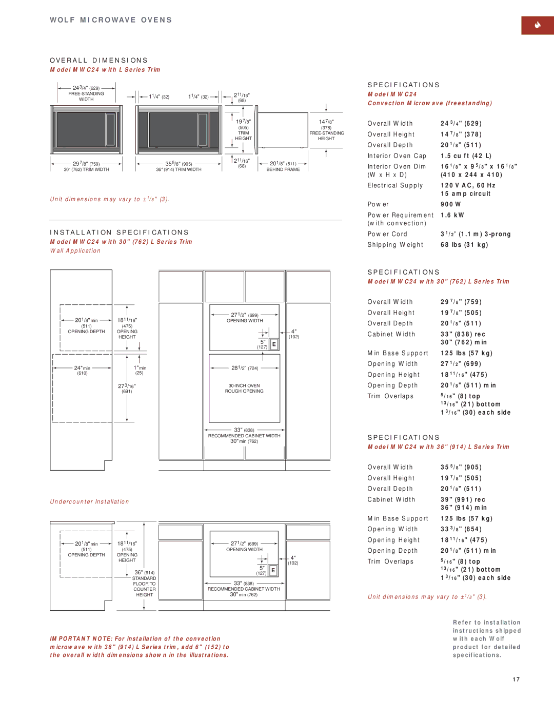 Wolf Appliance Company SO30F/S manual Model MWC24 with L Series Trim, Model MWC24 Convection Microwave freestanding 