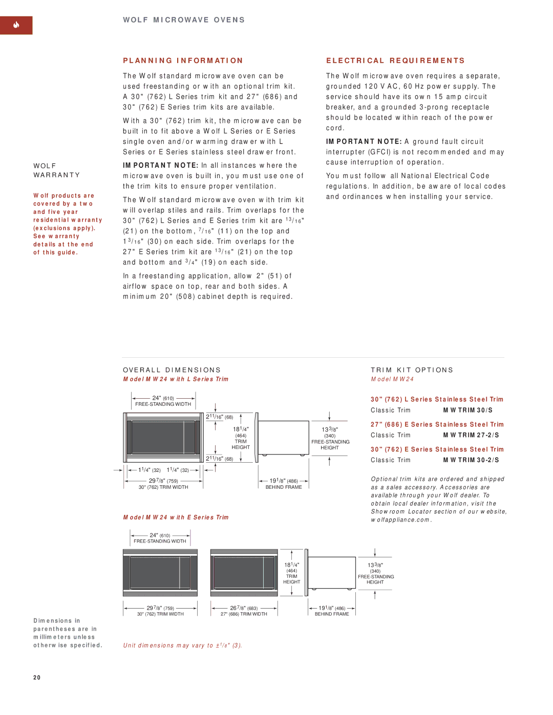 Wolf Appliance Company SO30F/S manual MWTRIM30/S, MWTRIM27-2/S, MWTRIM30-2/S, Model MW24 with L Series Trim 