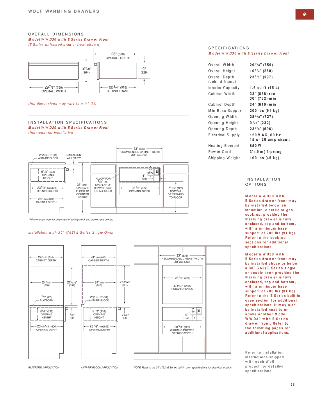 Wolf Appliance Company SO30F/S manual Model WWD30 with E Series Drawer Front, Installation with 30 762 E Series Single Oven 