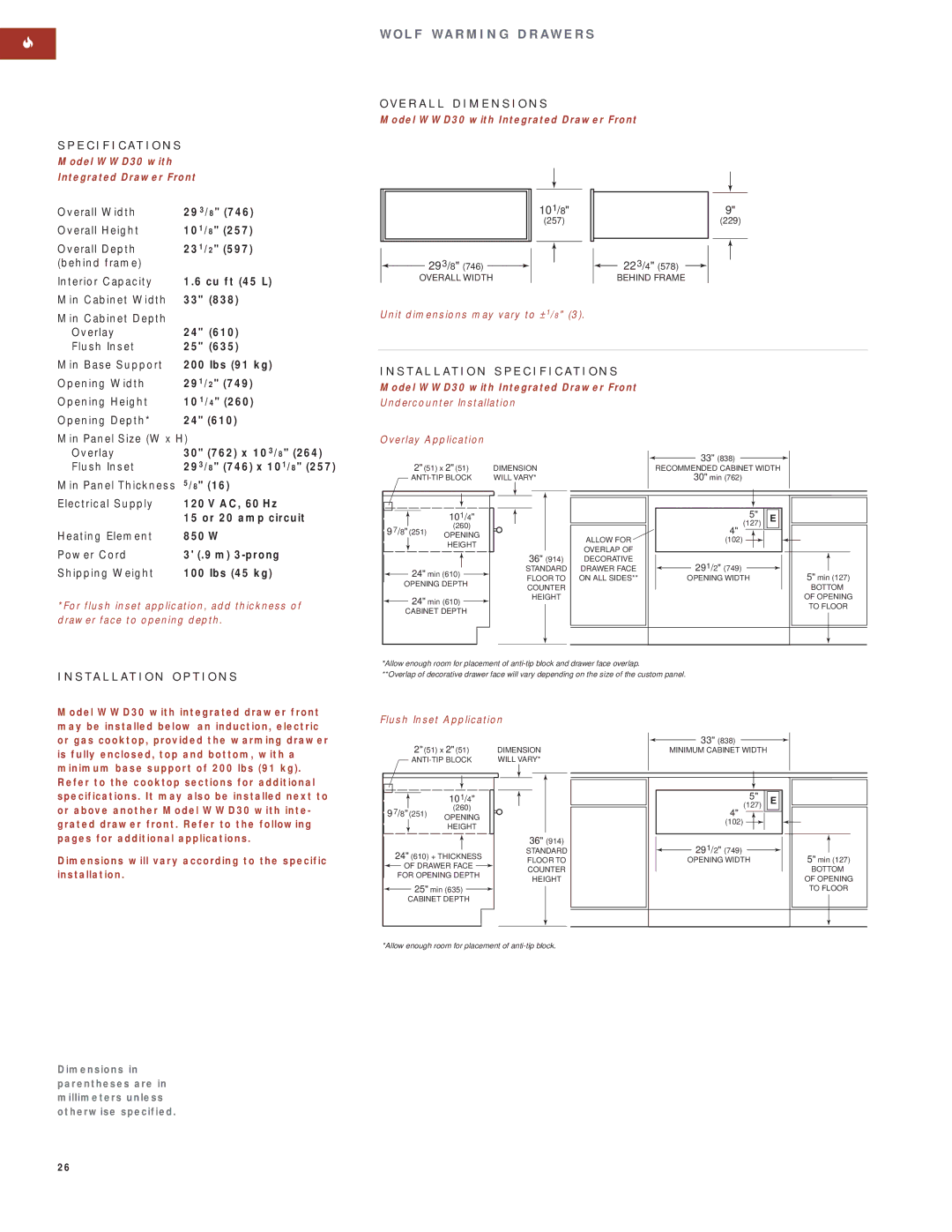 Wolf Appliance Company SO30F/S Model WWD30 with Integrated Drawer Front, Undercounter Installation Overlay Application 