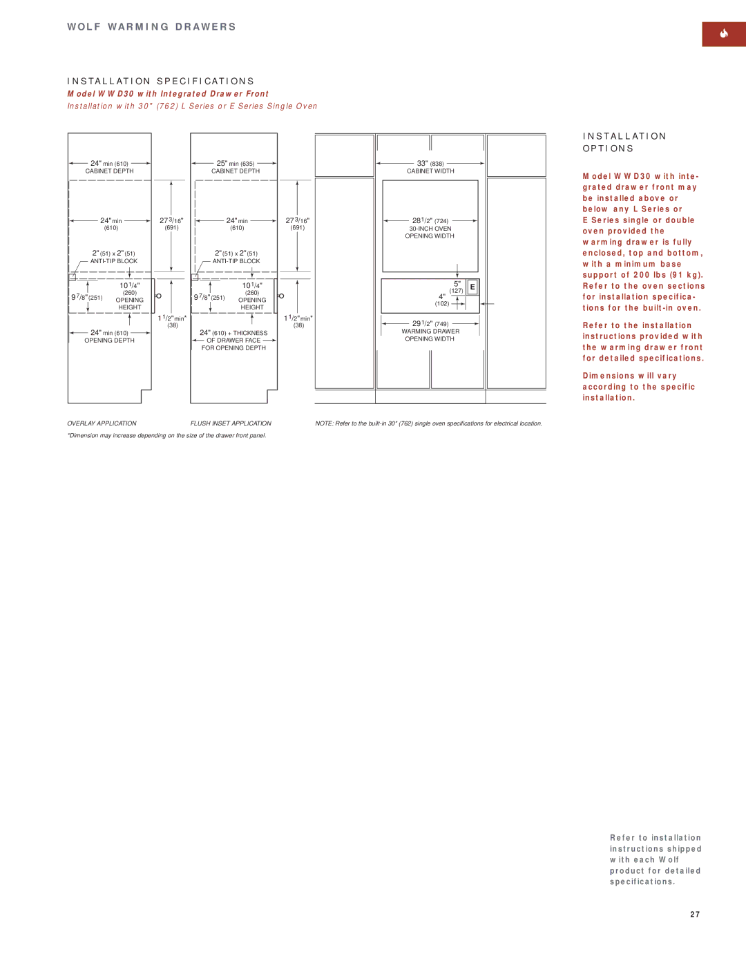 Wolf Appliance Company SO30F/S manual Installation with 30 762 L Series or E Series Single Oven, min 27 3 